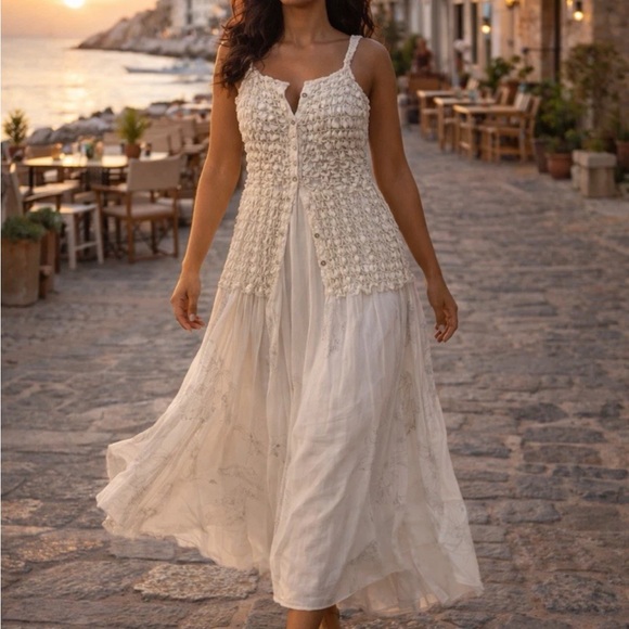 Sita Murt Dresses & Skirts - Sita Murt White, gray and Gold Bodice Maxi Dress Vintage